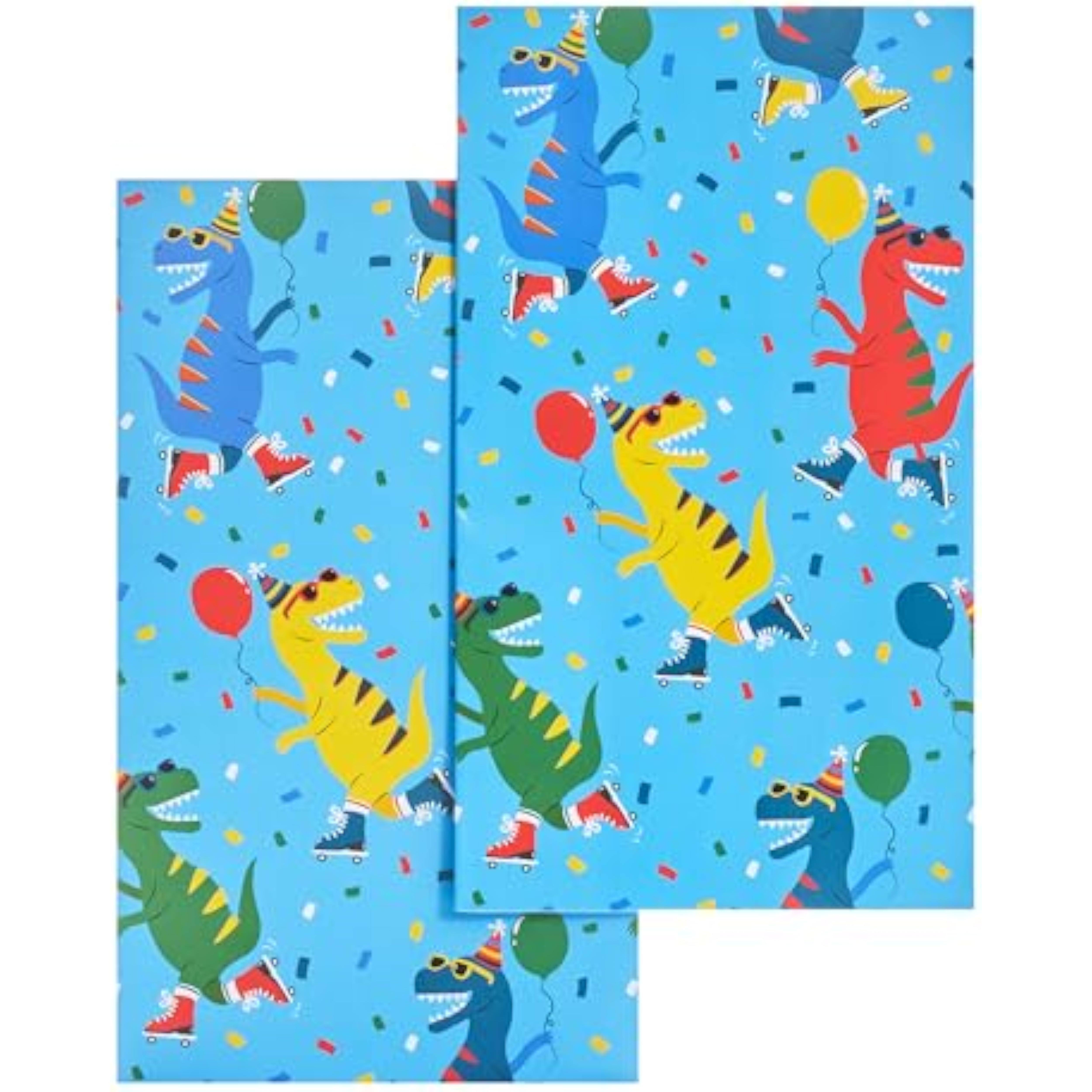 UK Greetings skating dinosaur design gift wrap with two sheets and two tags, featuring colorful dinosaur illustrations.