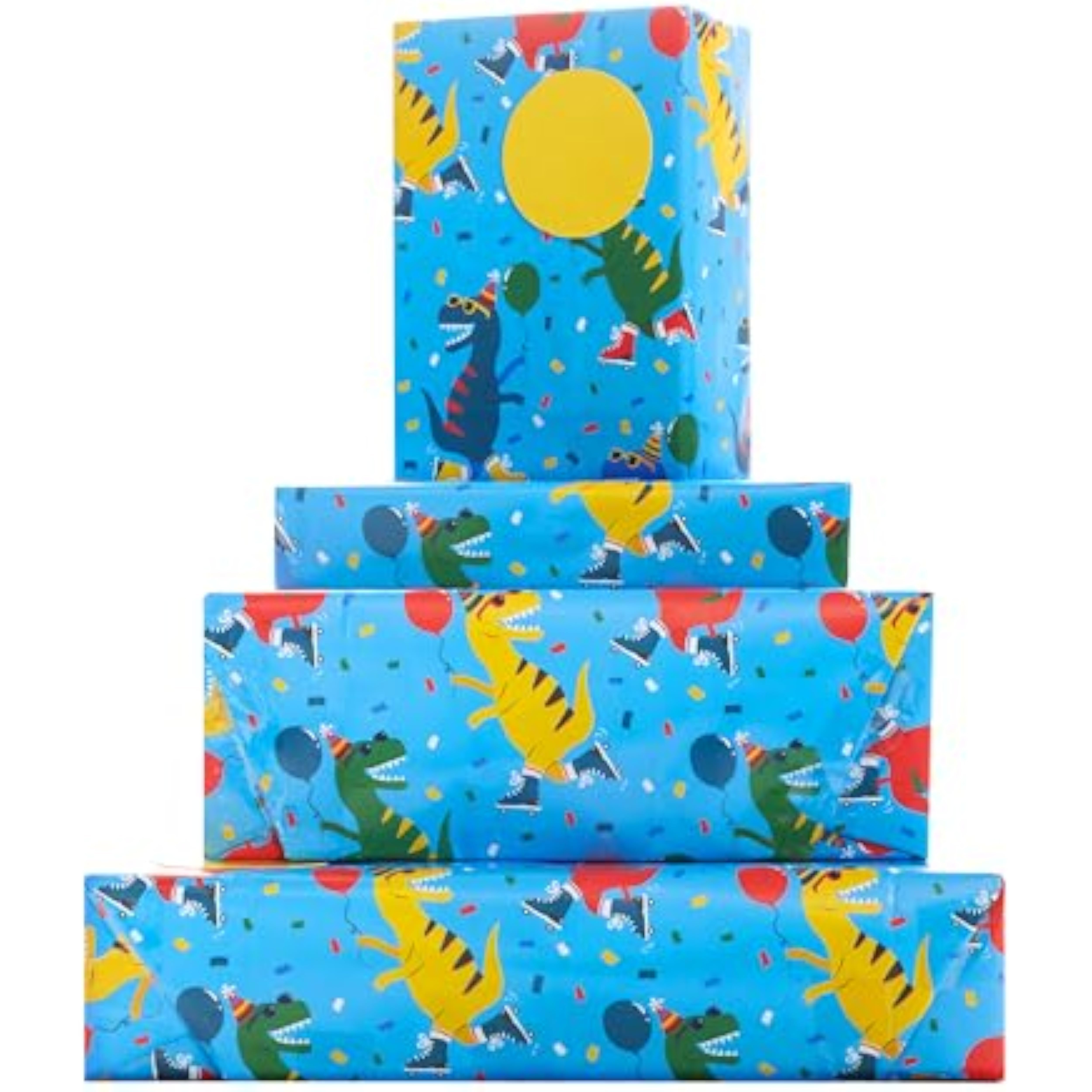 UK Greetings skating dinosaur gift wrap with colorful dinosaur illustrations on two sheets and two matching tags.