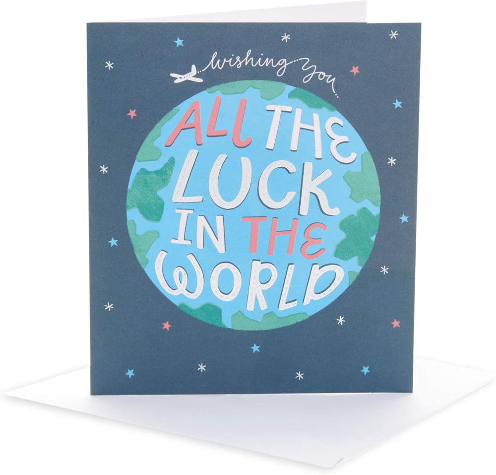 UK Greetings Good Luck Card featuring a world design, suitable for Her or Him, with vibrant colors and artistic details.