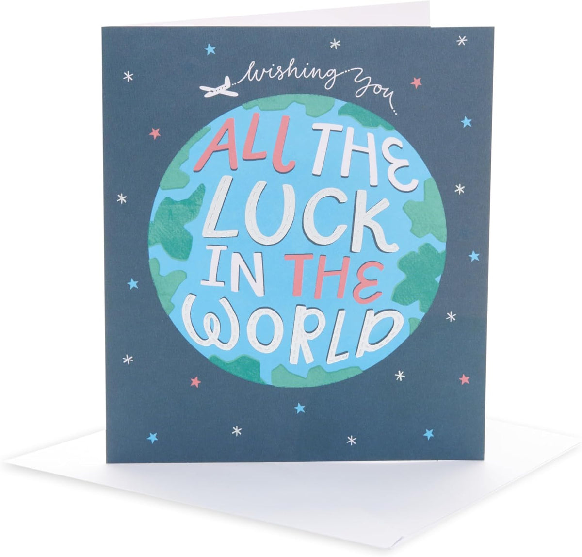 UK Greetings Good Luck Card featuring a world design, suitable for Her or Him, with vibrant colors and artistic details.