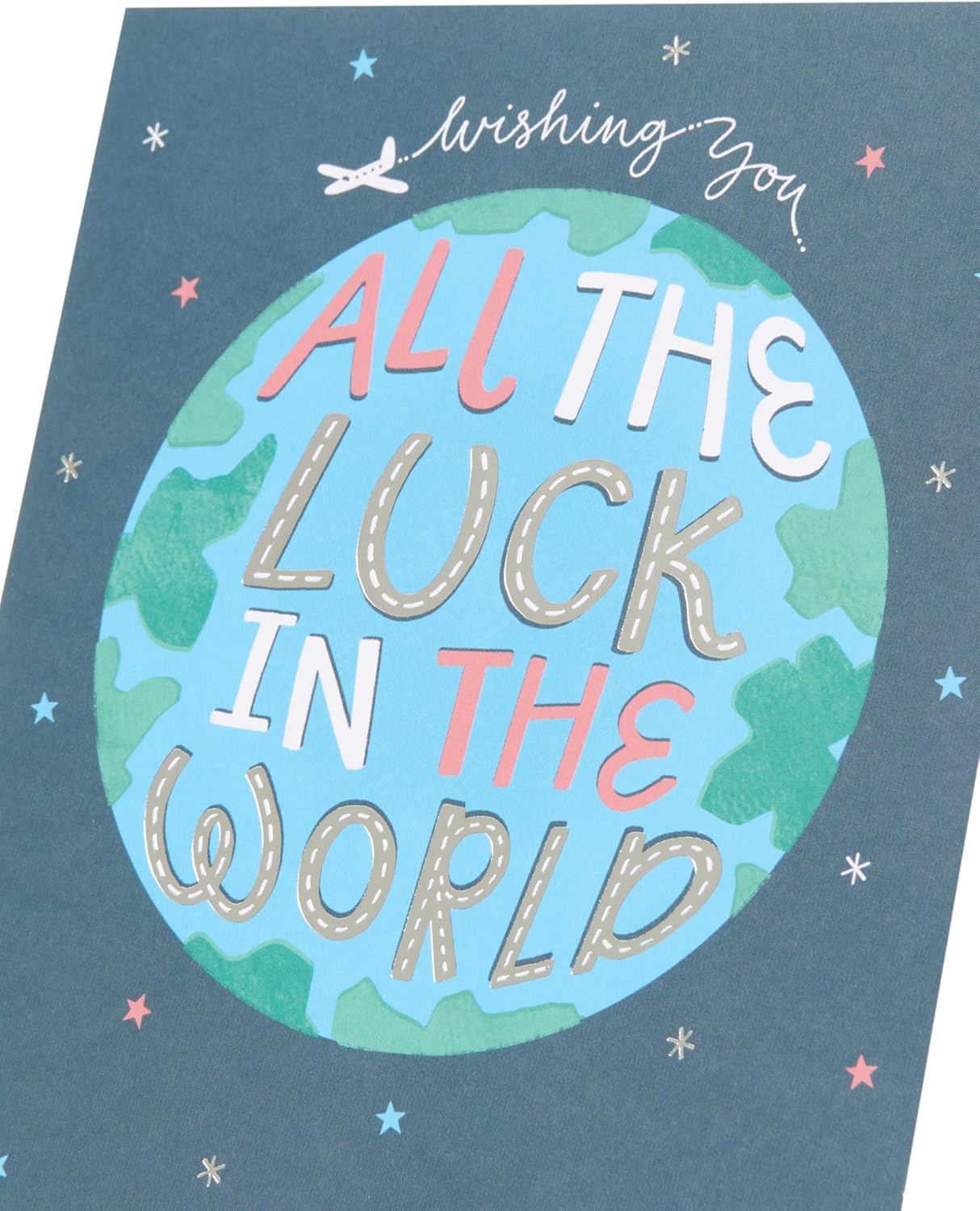 UK Greetings Good Luck Card featuring a world design, suitable for her or him, with colorful and inspiring imagery.