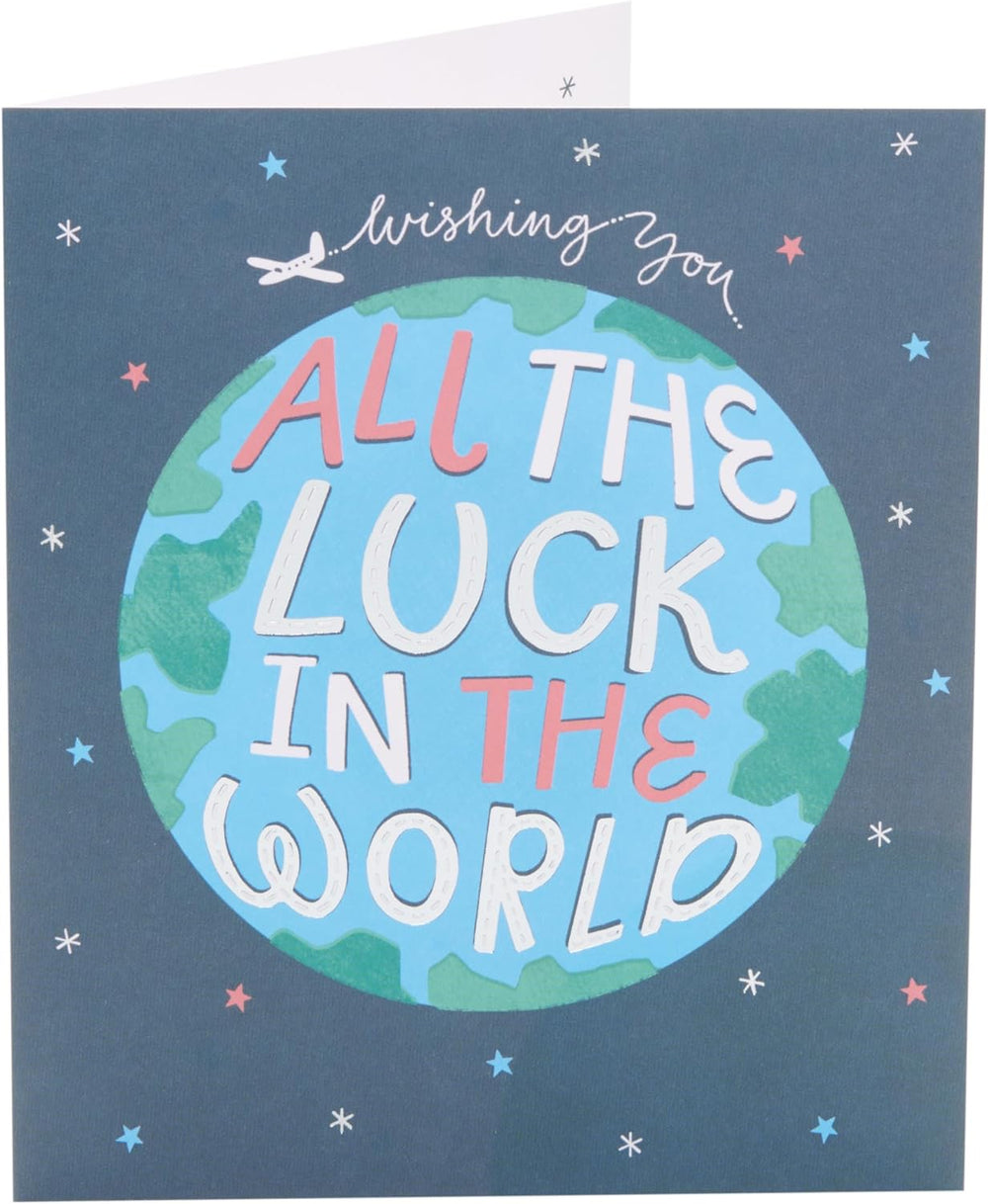 UK Greetings Good Luck Card featuring a world design, suitable for her or him, with colorful, cheerful artwork for good luck wishes.