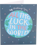 UK Greetings Good Luck Card featuring a world design, suitable for her or him, with colorful, cheerful artwork for good luck wishes.