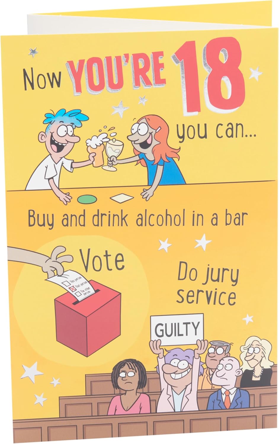 UK Greetings 18th birthday greeting card featuring a witty cartoon design for him, her, or friends, perfect for celebrating milestone birthdays.