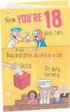 UK Greetings 18th birthday greeting card featuring a witty cartoon design for him, her, or friends, perfect for celebrating milestone birthdays.