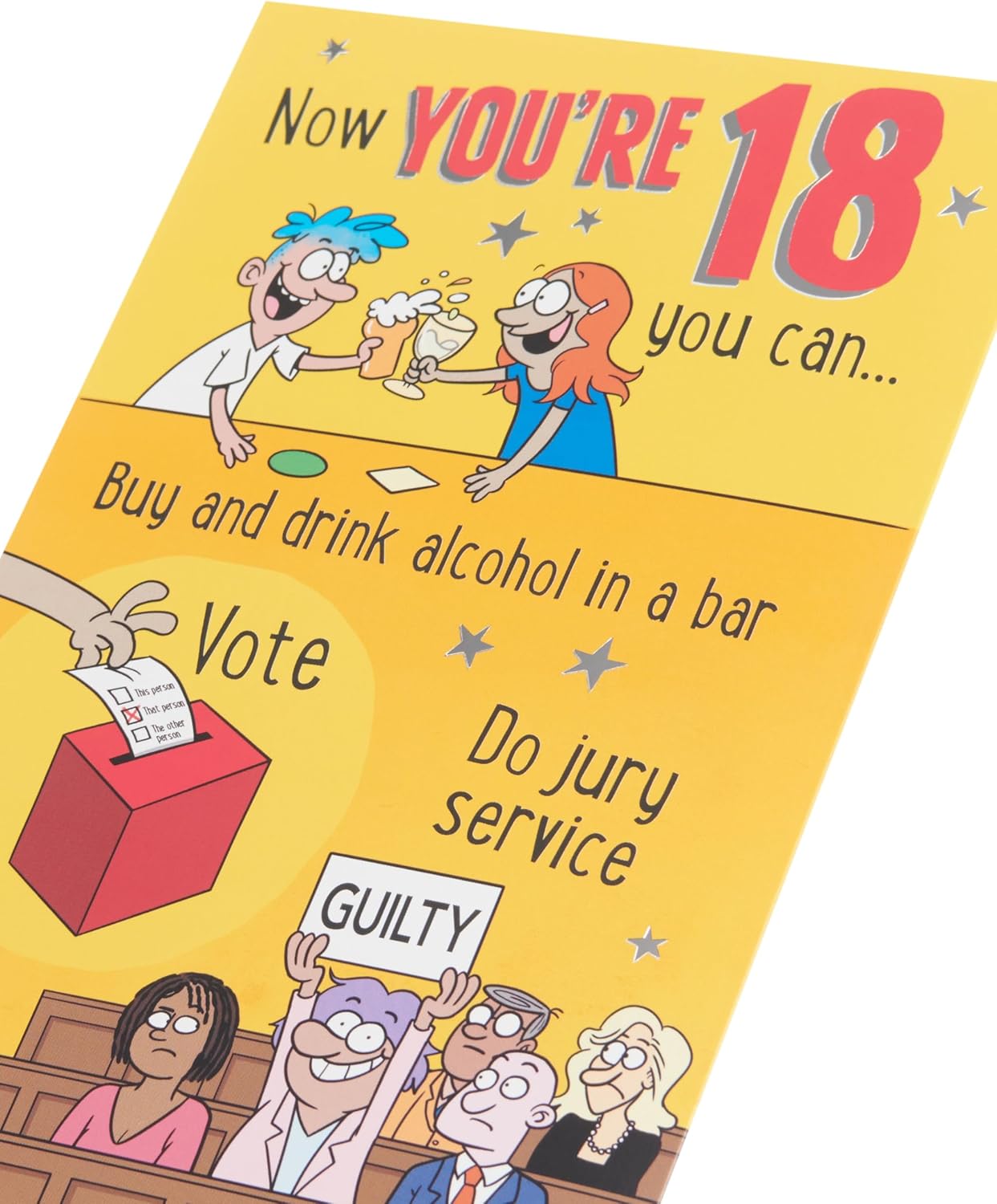 UK Greetings 18th birthday greeting card featuring witty cartoon design for him, her, or friends, with colorful and humorous artwork.
