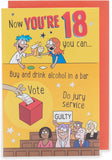 UK Greetings 18th birthday greeting card featuring a witty cartoon design for him, her, or friends, with colorful illustrations.