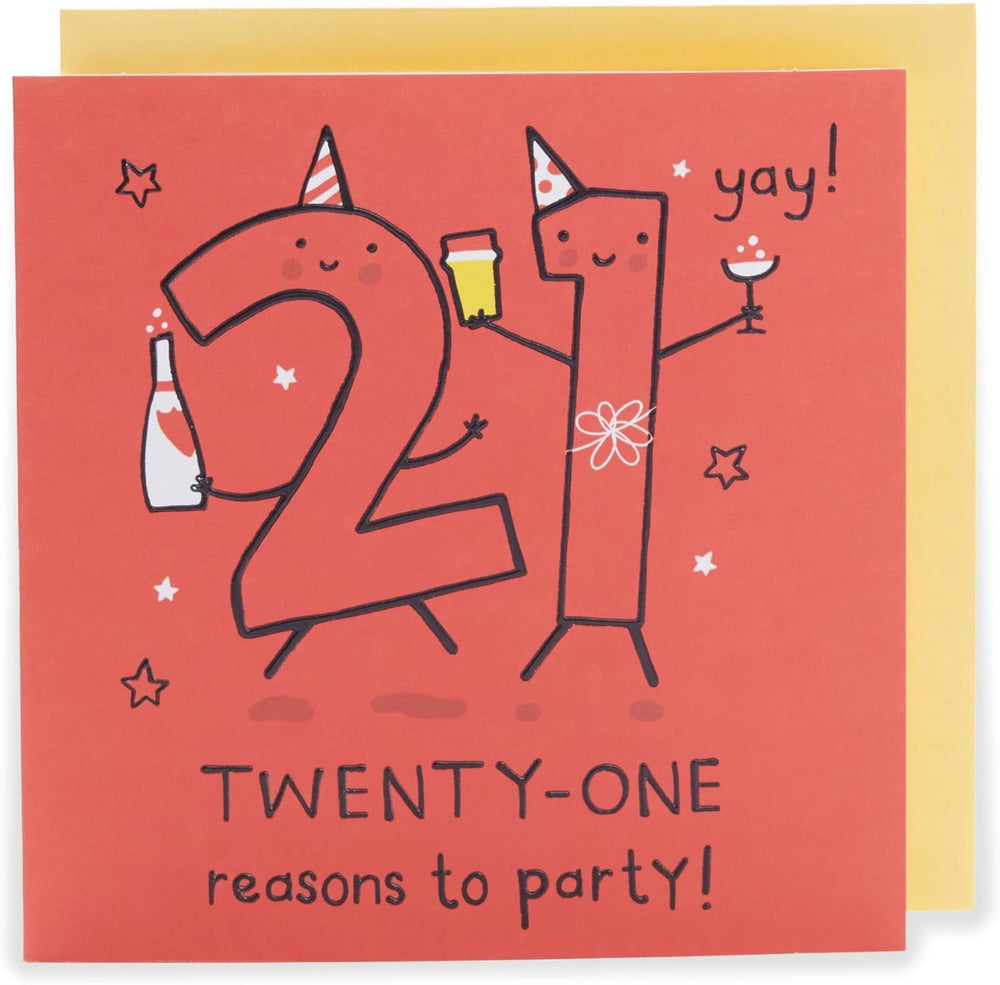 UK Greetings 21st birthday greeting card with red design for him, her, or friends, featuring festive, celebratory artwork.