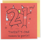 UK Greetings 21st birthday greeting card with red design for him, her, or friends, featuring festive, celebratory artwork.