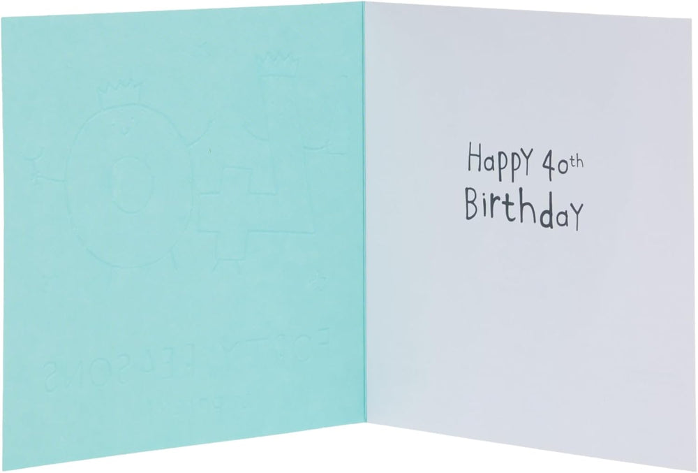 UK Greetings 40th birthday greeting card with orange design, suitable for him, her, or a friend, featuring festive and cheerful artwork.