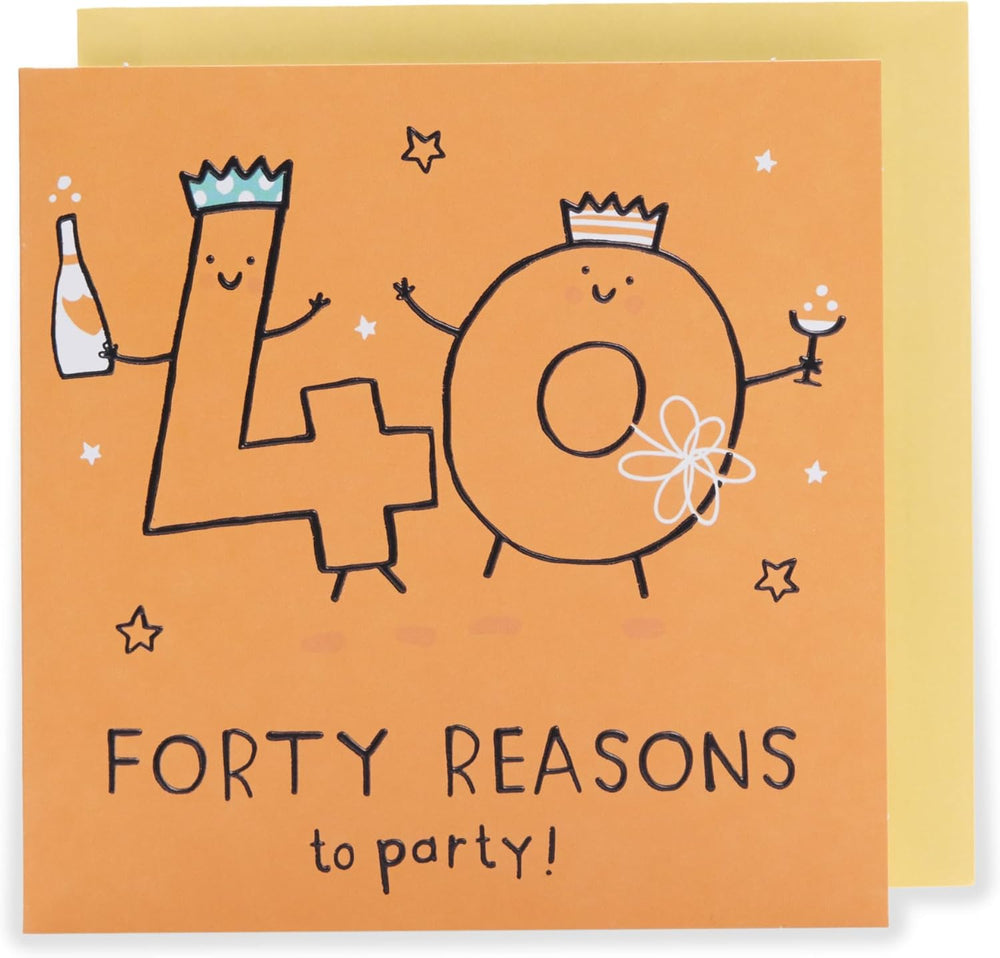 UK Greetings 40th birthday greeting card with orange design, suitable for him, her, or a friend, featuring festive and cheerful imagery.