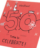 UK Greetings 50th birthday greeting card with a red design, suitable for him, her, or a friend, displayed with festive details.