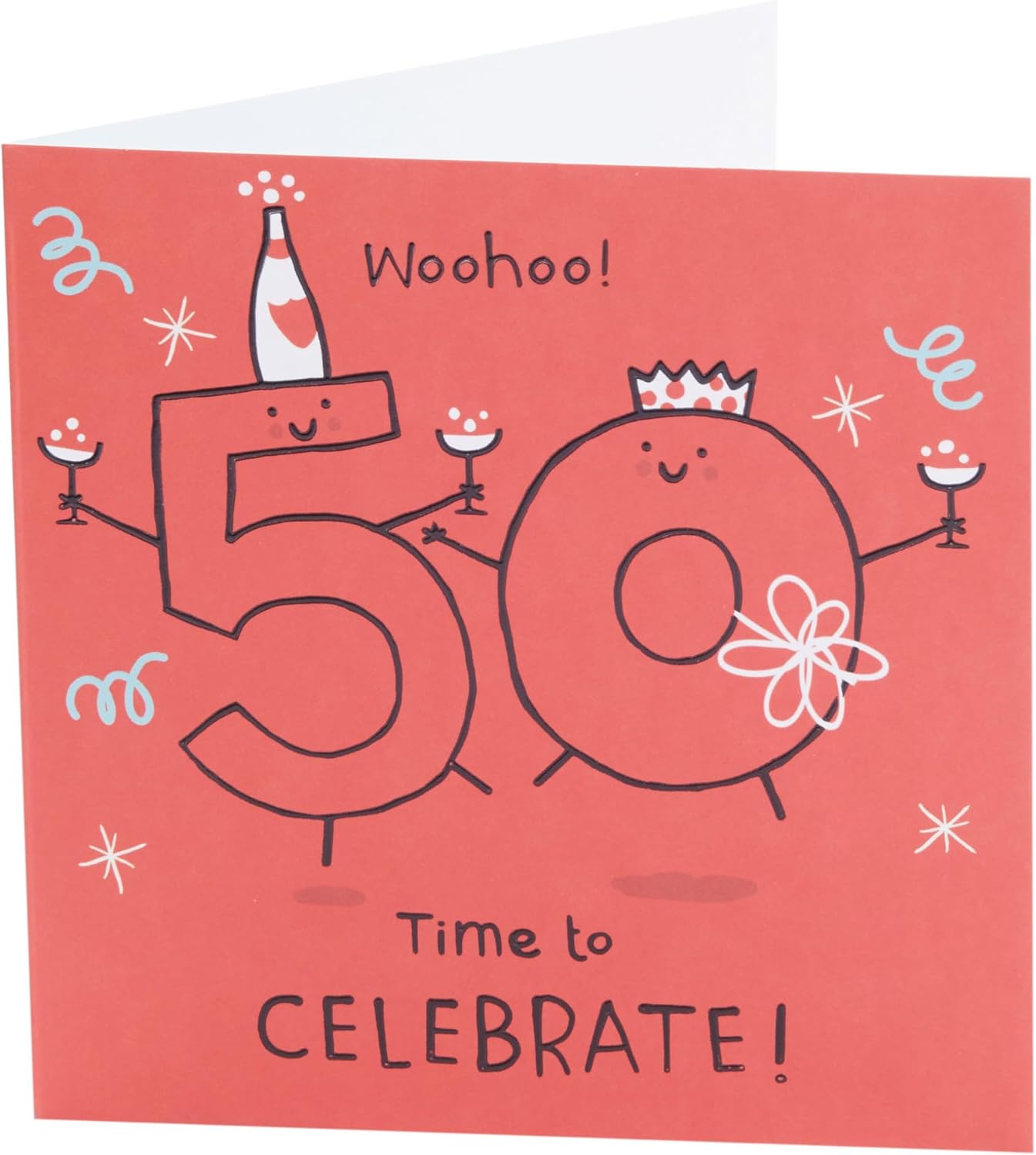 UK Greetings 50th birthday greeting card with red design for him, her, or friends, featuring festive and celebratory artwork.