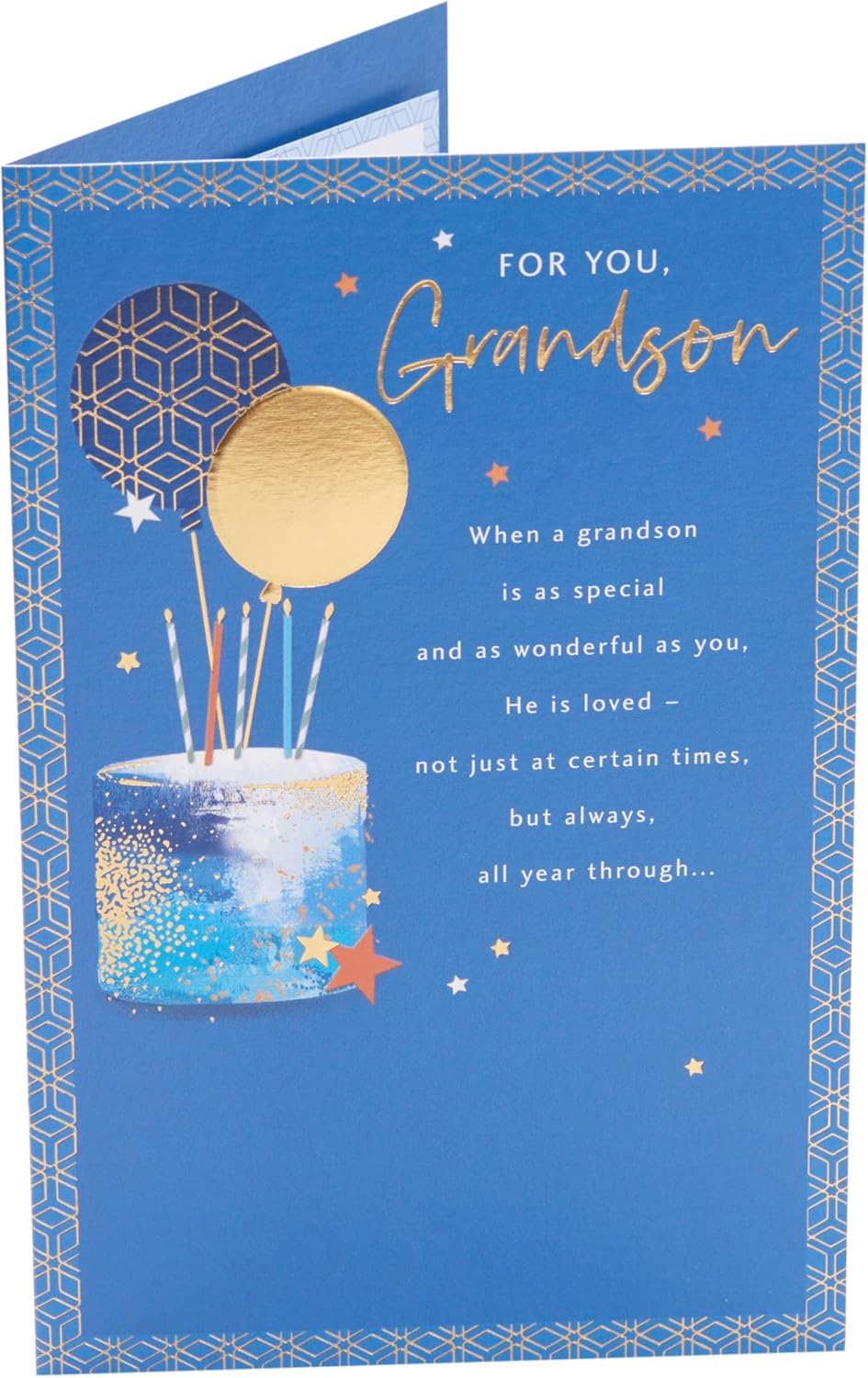 UK Greetings Blue and Gold Cake Design Grandson Birthday Card, colorful greeting card with festive cake illustration.
