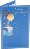 UK Greetings Blue and Gold Cake Design Grandson Birthday Card, colorful greeting card with festive cake illustration.