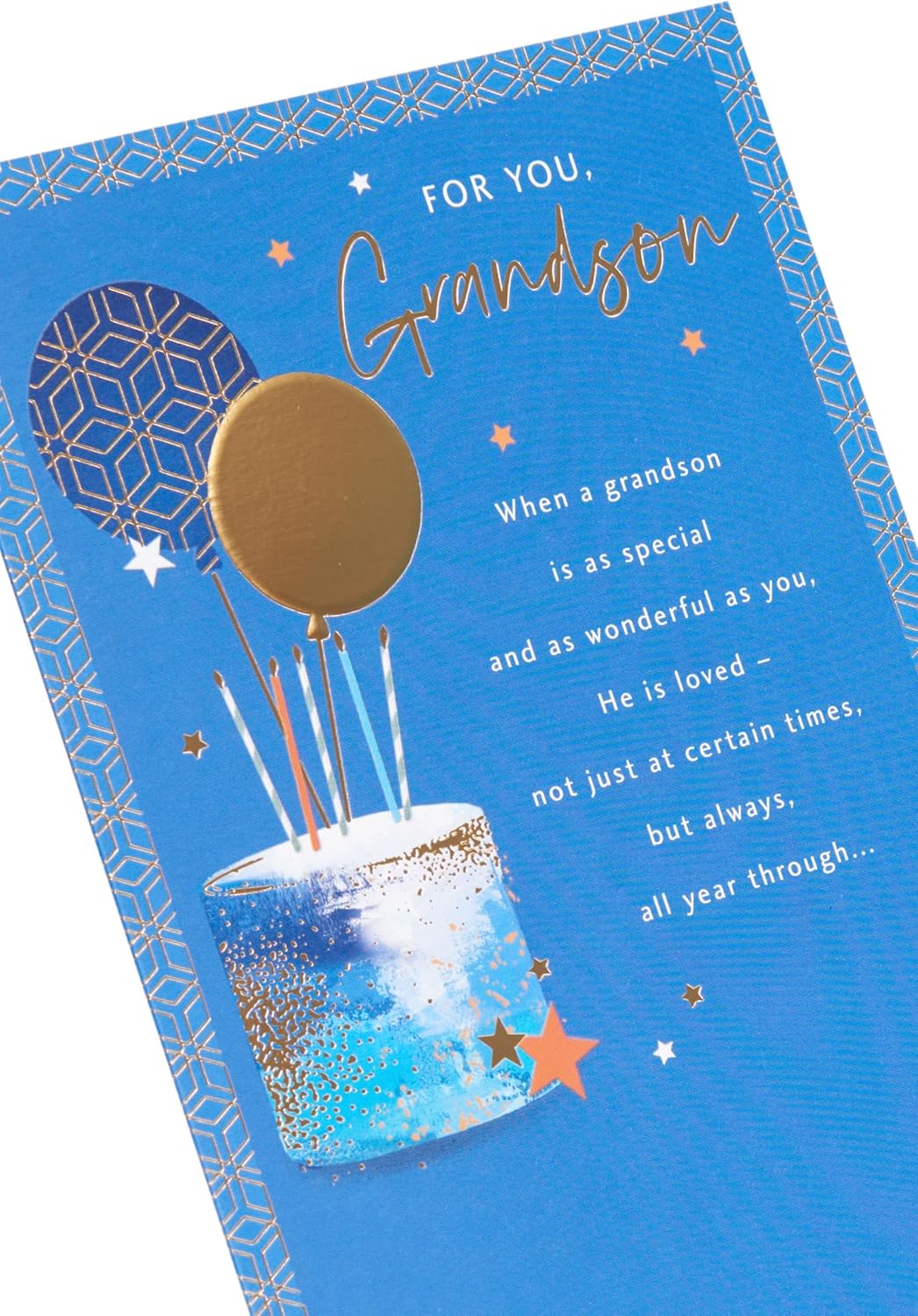 UK Greetings Blue and Gold Cake Design Grandson Birthday Card with colorful cake illustration and festive message.