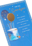 UK Greetings Blue and Gold Cake Design Grandson Birthday Card with colorful cake illustration and festive message.