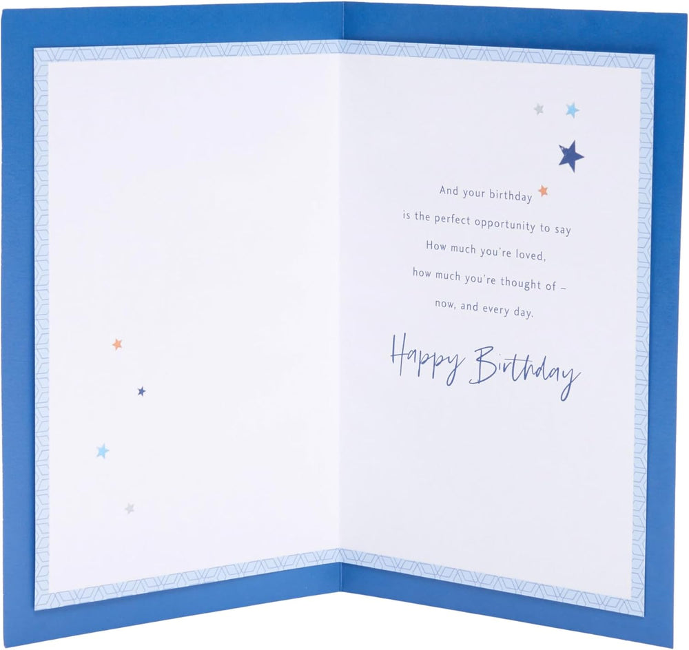 UK Greetings Blue and Gold Cake Design Grandson Birthday Card, featuring colorful cake illustration on a greeting card.