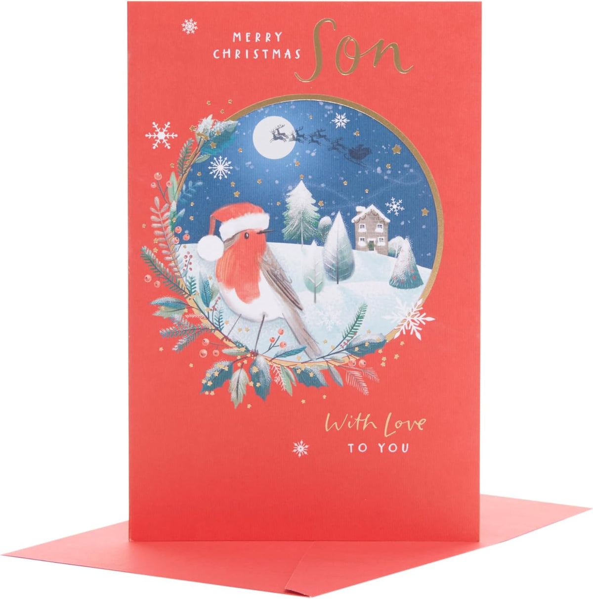 UK Greetings Christmas card for son featuring a snowy robin design with festive holiday imagery and cheerful greeting.