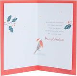 UK Greetings Christmas card for son featuring a snowy robin design, with festive holiday imagery and cheerful illustrations.
