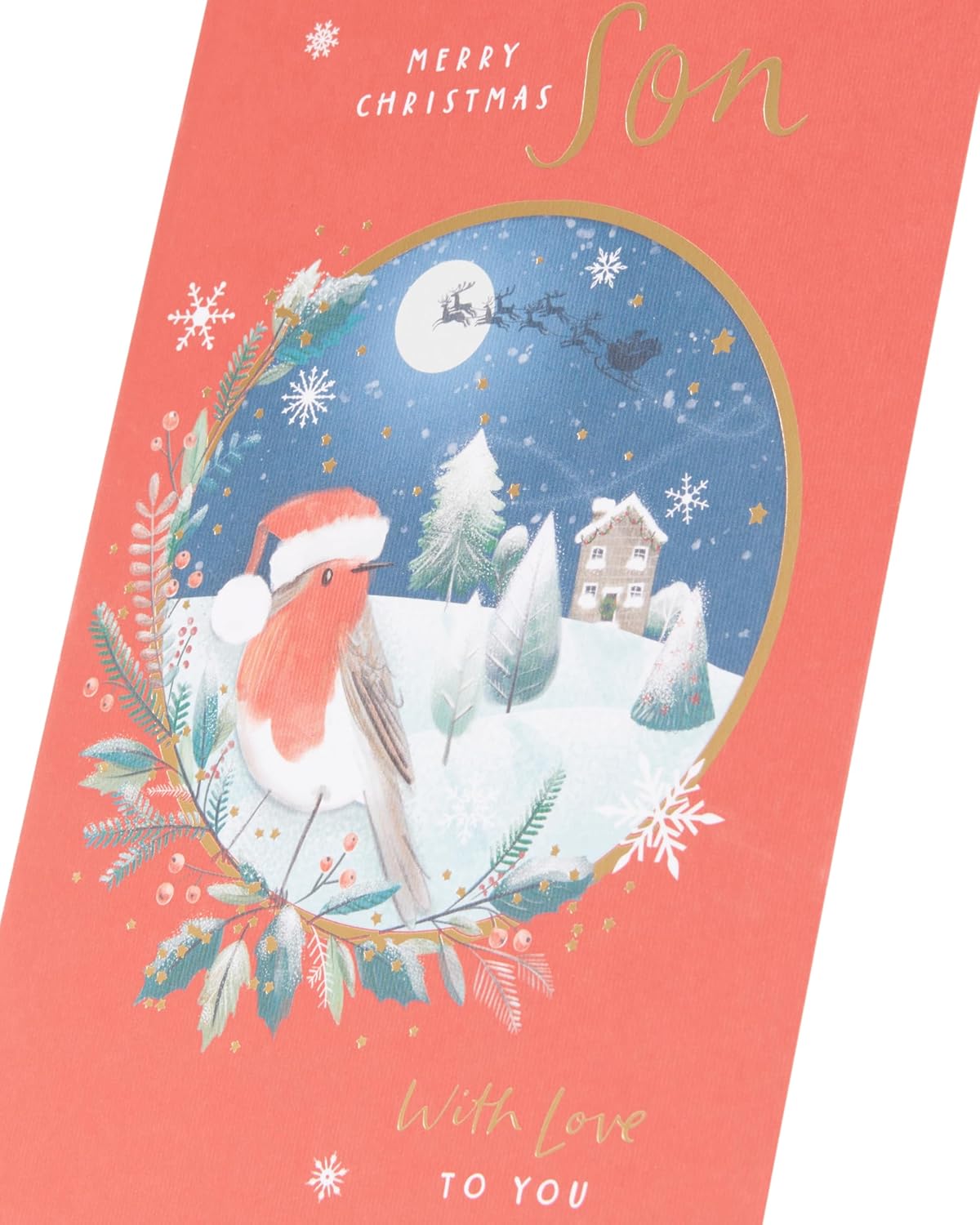 UK Greetings Christmas card for son featuring a snowy robin design with festive holiday imagery and colorful winter scene.