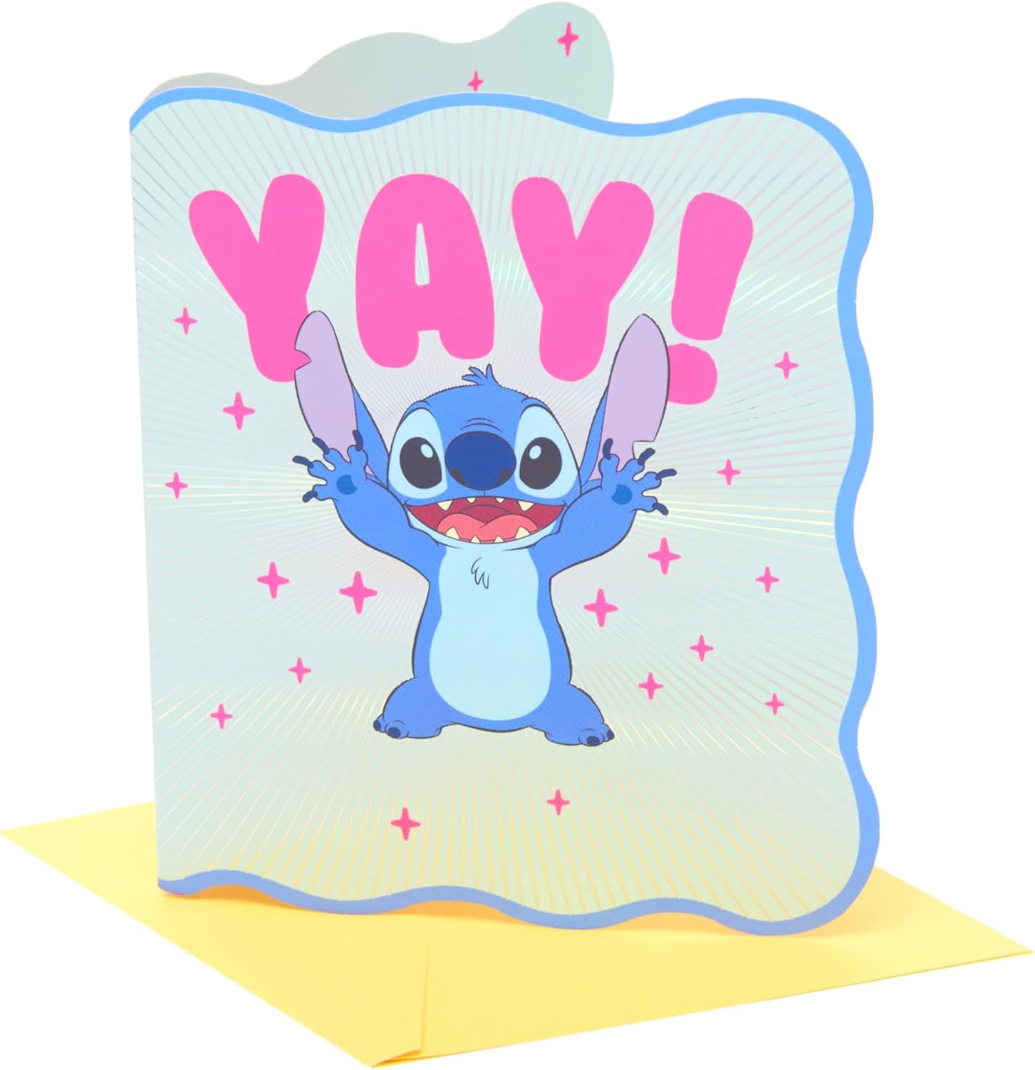 UK Greetings Disney Lilo & Stitch greeting card with blank inside, featuring colorful Lilo and Stitch characters for any occasion.
