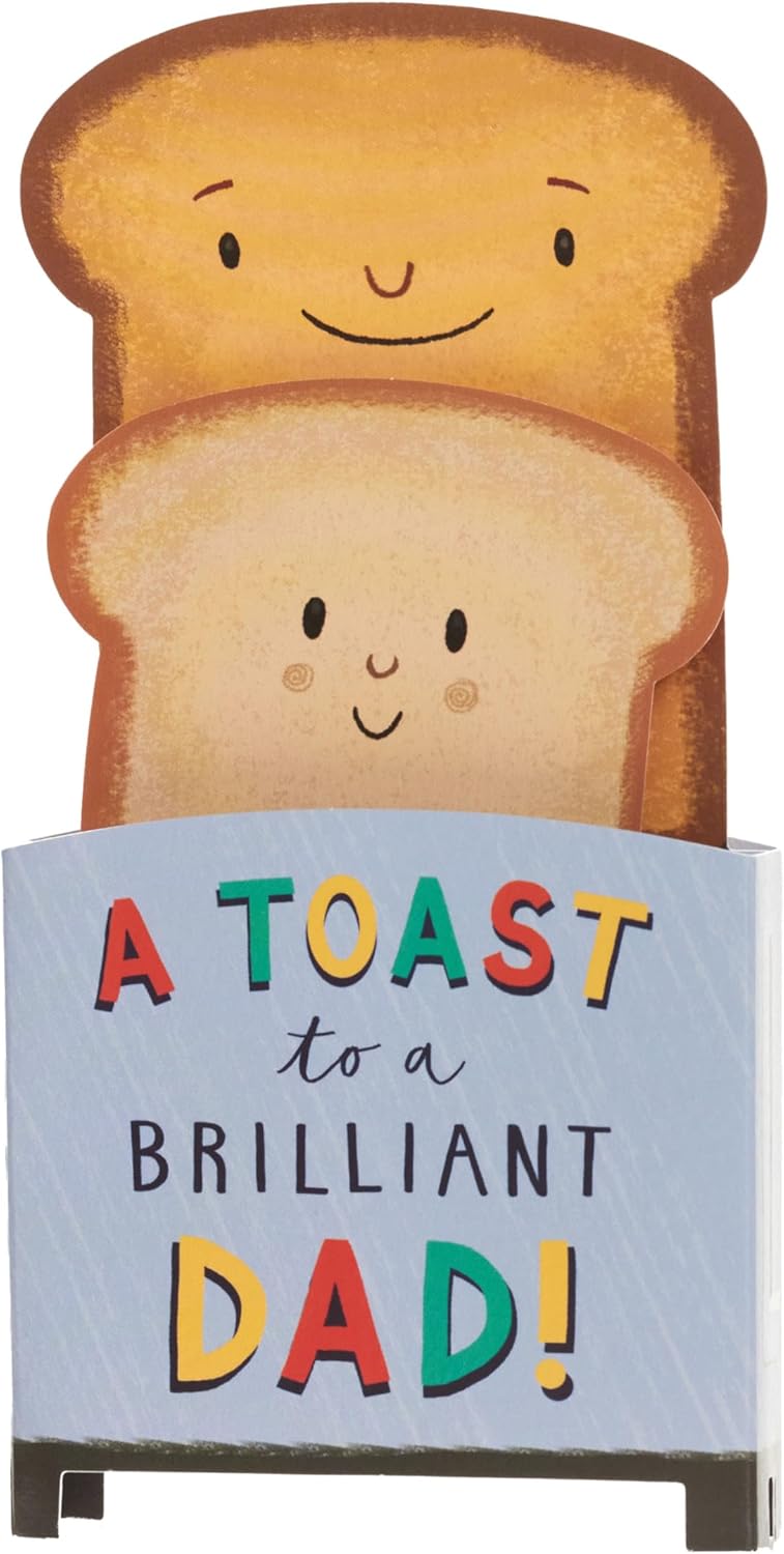 UK Greetings Father's Day greeting card for Dad featuring a 3D toast design, with colorful and playful illustrations.