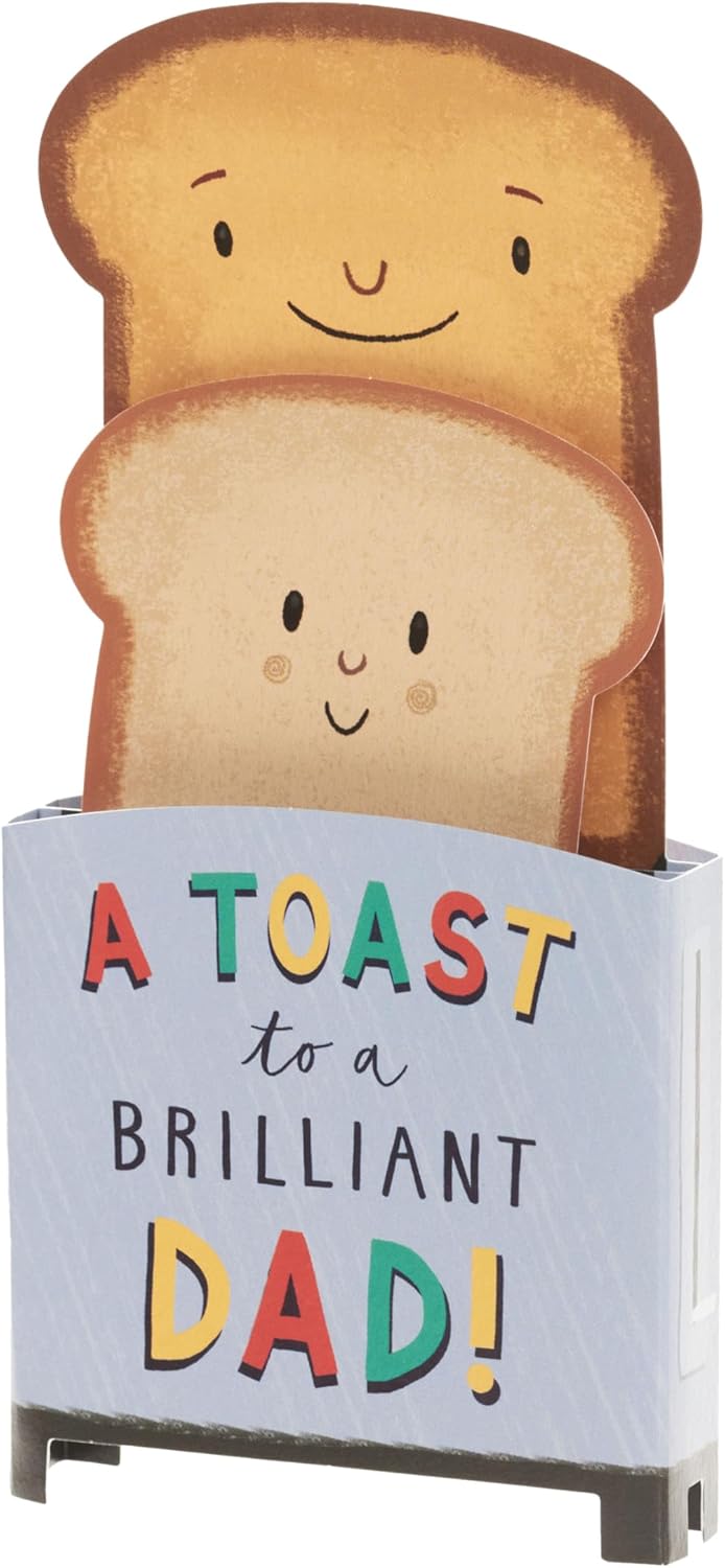 UK Greetings Father’s Day greeting card for Dad featuring a 3D toast design, with colorful illustrations and heartfelt message.