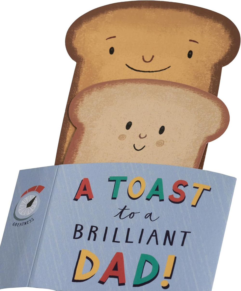UK Greetings Father's Day card for Dad featuring a 3D toast design, with colorful illustrations and heartfelt message.