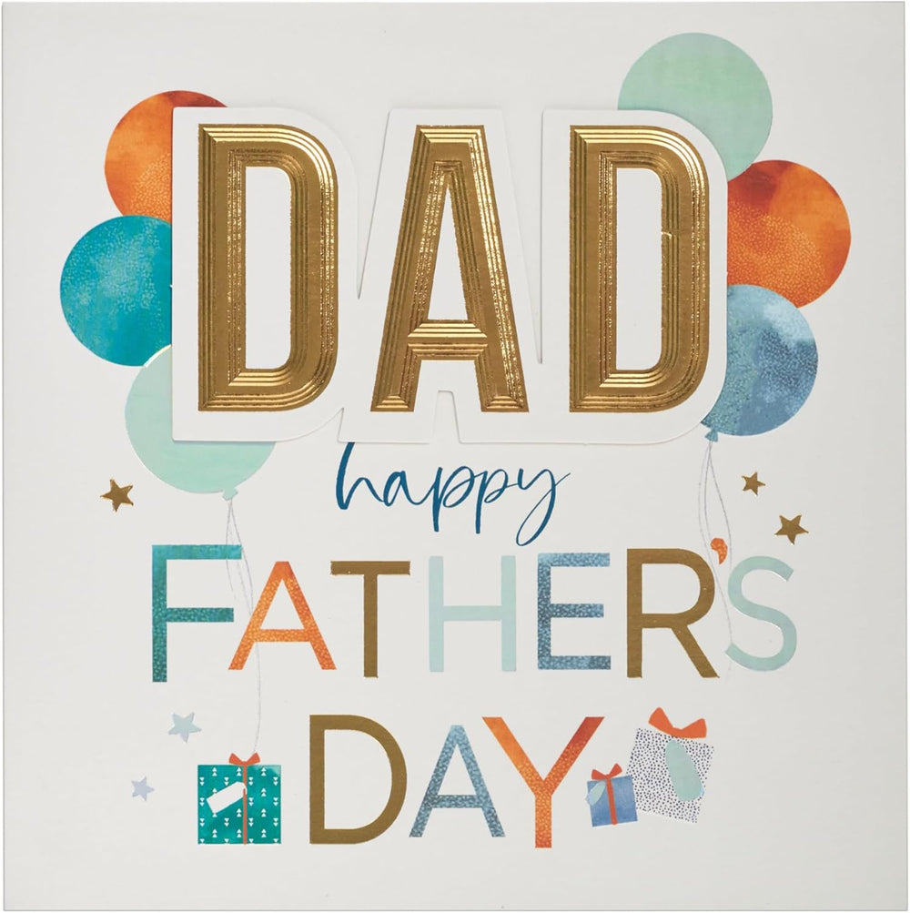 UK Greetings Father's Day Card for Dad featuring a balloons and gifts design, with colorful illustrations and heartfelt message inside.