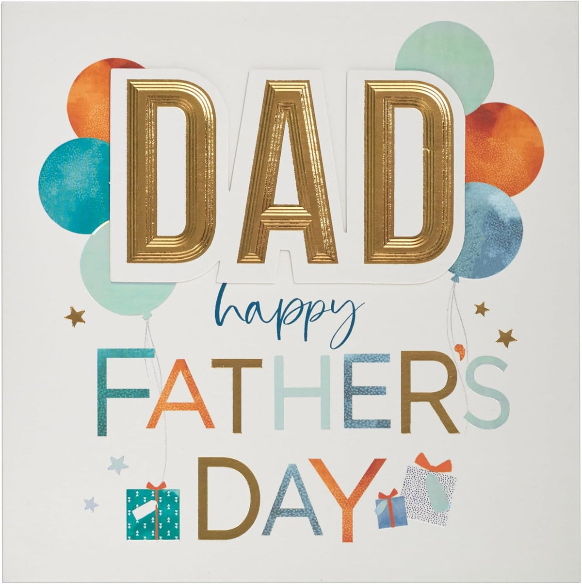 UK Greetings Father's Day Card for Dad featuring a balloons and gifts design, with colorful illustrations and heartfelt message inside.