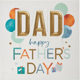 UK Greetings Father's Day Card for Dad featuring a balloons and gifts design, with colorful illustrations and heartfelt message inside.