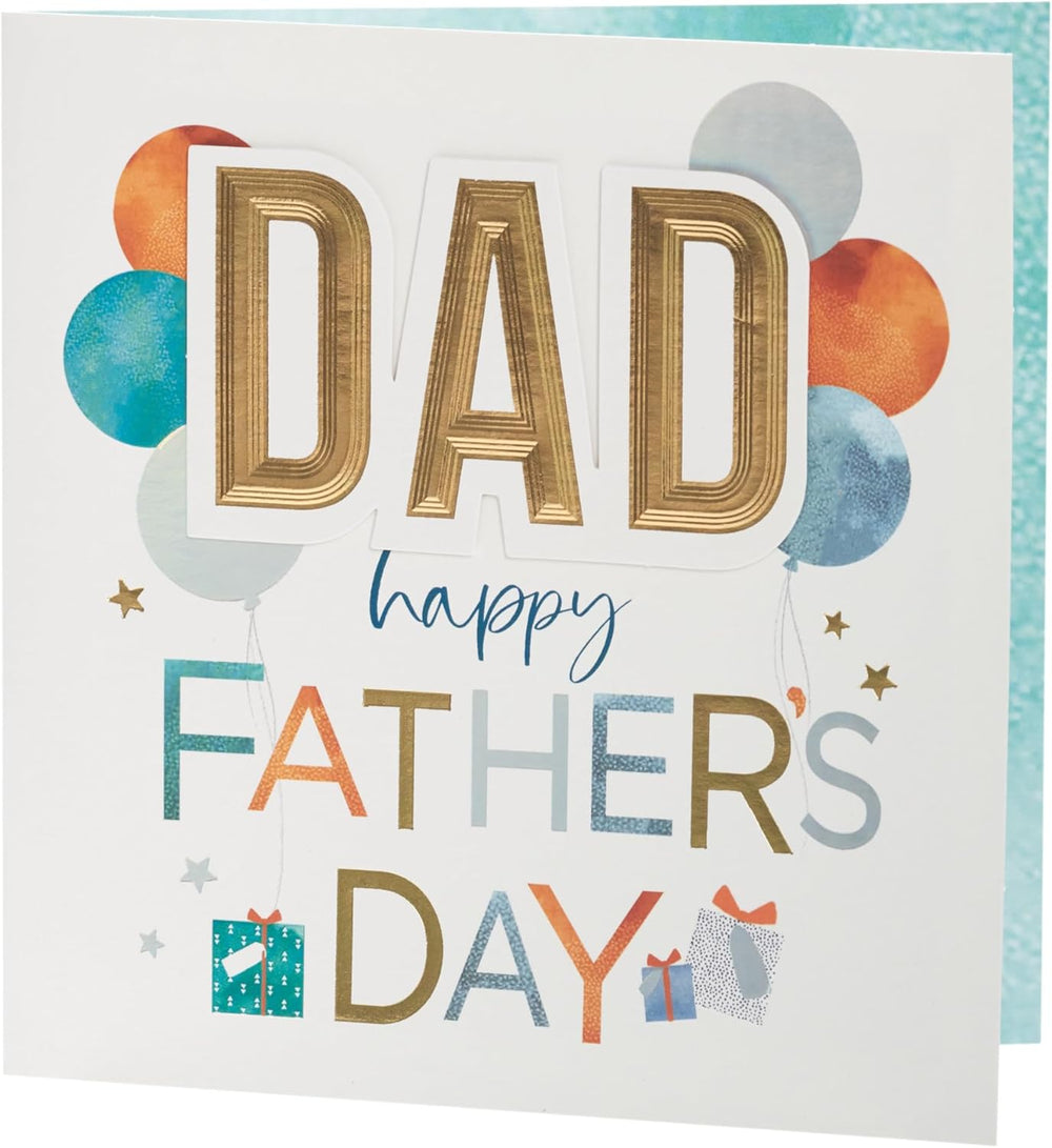 UK Greetings Father's Day greeting card for Dad featuring colorful balloons and gift illustrations, perfect for celebrating Dad.