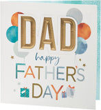 UK Greetings Father's Day greeting card for Dad featuring colorful balloons and gift illustrations, perfect for celebrating Dad.