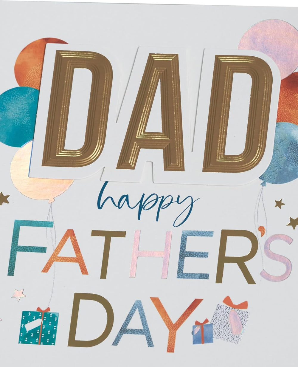 UK Greetings Father's Day greeting card for Dad featuring colorful balloons and gift illustrations on the front.