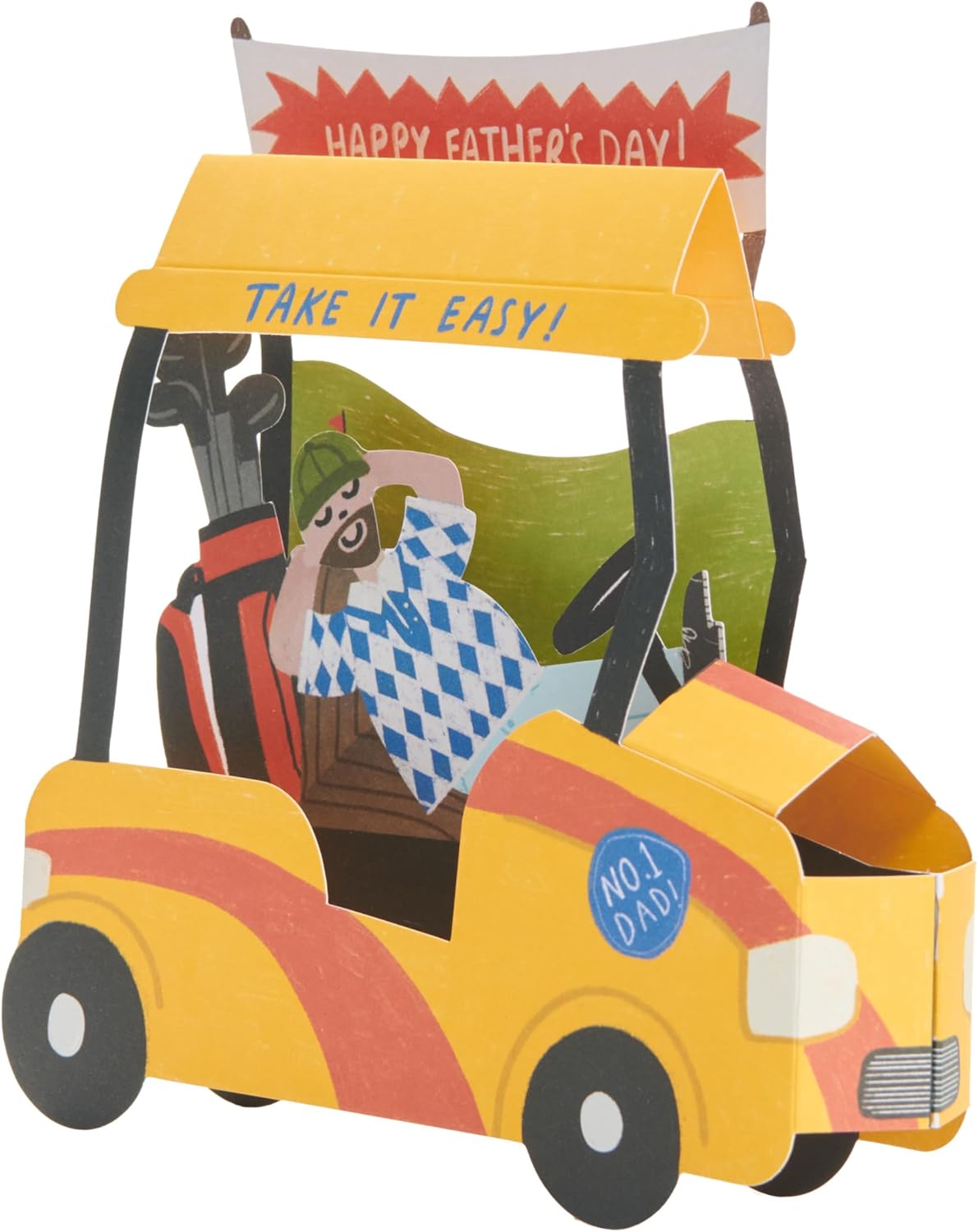 UK Greetings Father's Day greeting card for Dad featuring a pop-up golf cart design, ideal for celebrating dad on special occasions.