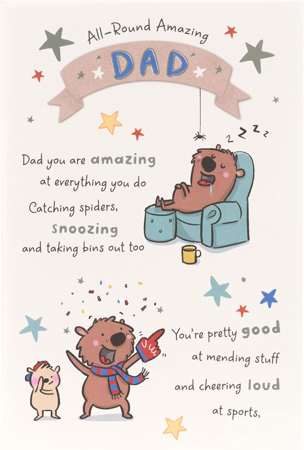 UK Greetings Father’s Day greeting card for Dad with witty design, featuring humorous illustrations and heartfelt message.