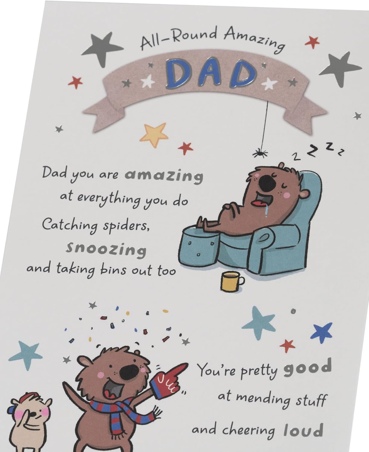 UK Greetings Father's Day greeting card for Dad featuring a witty design, illustrated with humorous and colorful artwork.