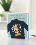 Father's Day greeting card from UK Greetings featuring a jacket design and the message "Best Dad Ever" from a son.