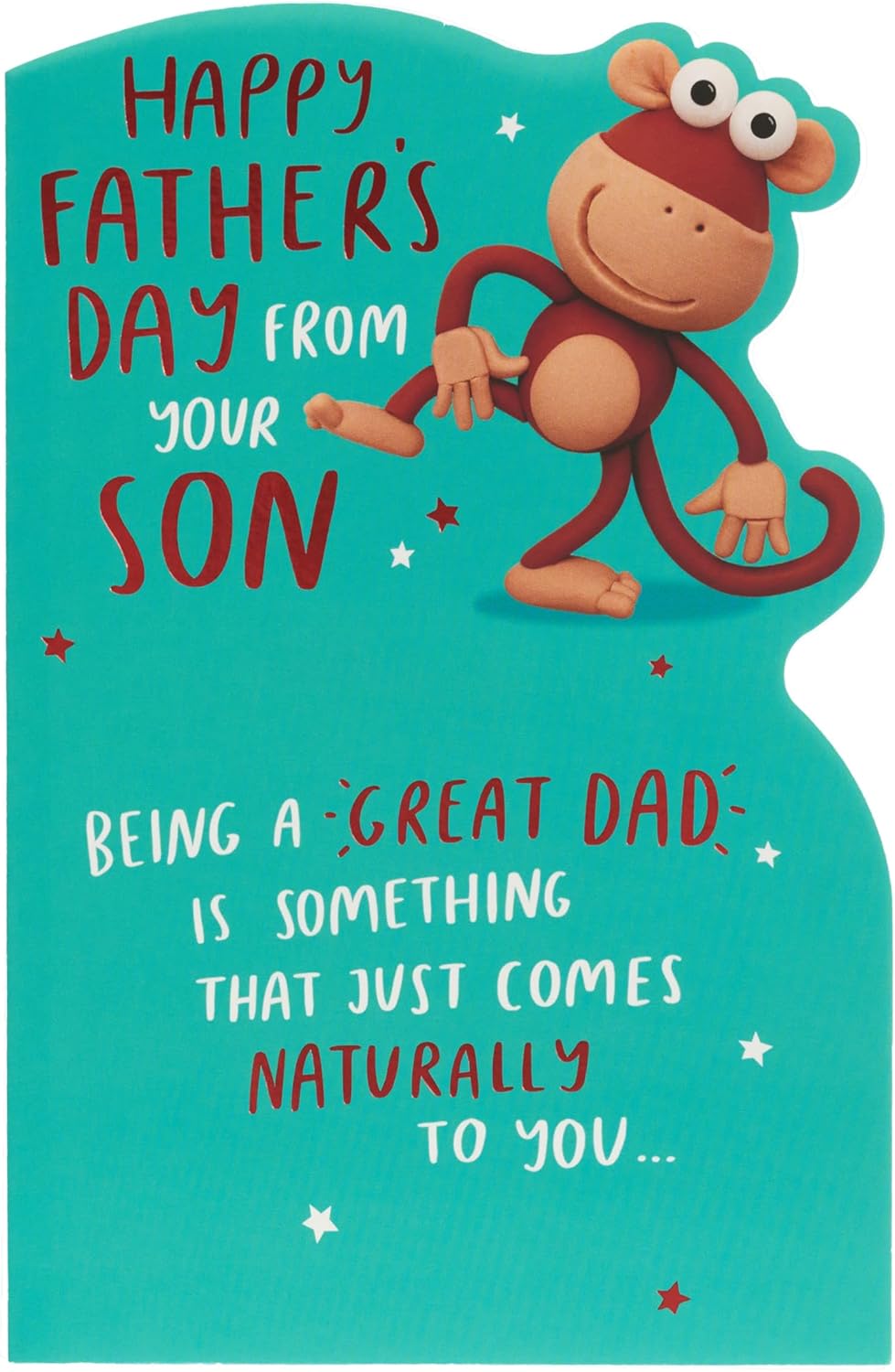 UK Greetings Father’s Day card from son featuring a humorous monkey design, colorful greeting card for dad.