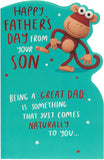 UK Greetings Father’s Day card from son featuring a humorous monkey design, colorful greeting card for dad.