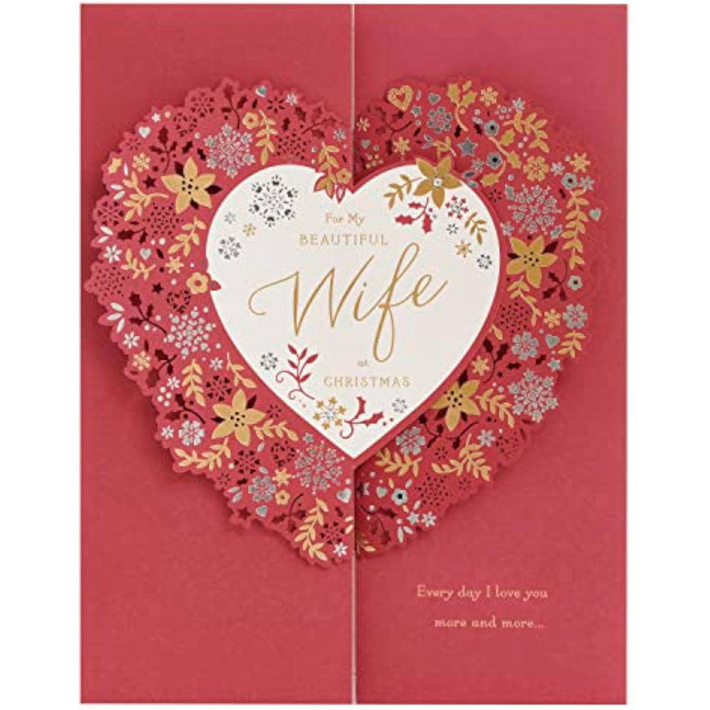 UK Greetings greeting card featuring hearts and floral design for a beautiful wife, perfect for Christmas celebrations.