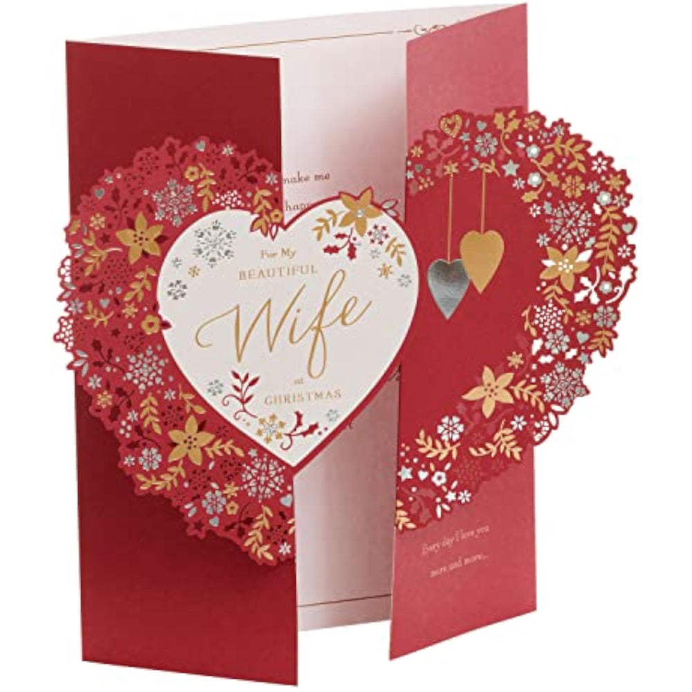 UK Greetings Christmas greeting card featuring hearts and floral design for a beautiful wife, perfect for holiday wishes.
