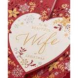 UK Greetings hearts and floral Christmas card with beautiful wife message, featuring festive red and pink floral design.