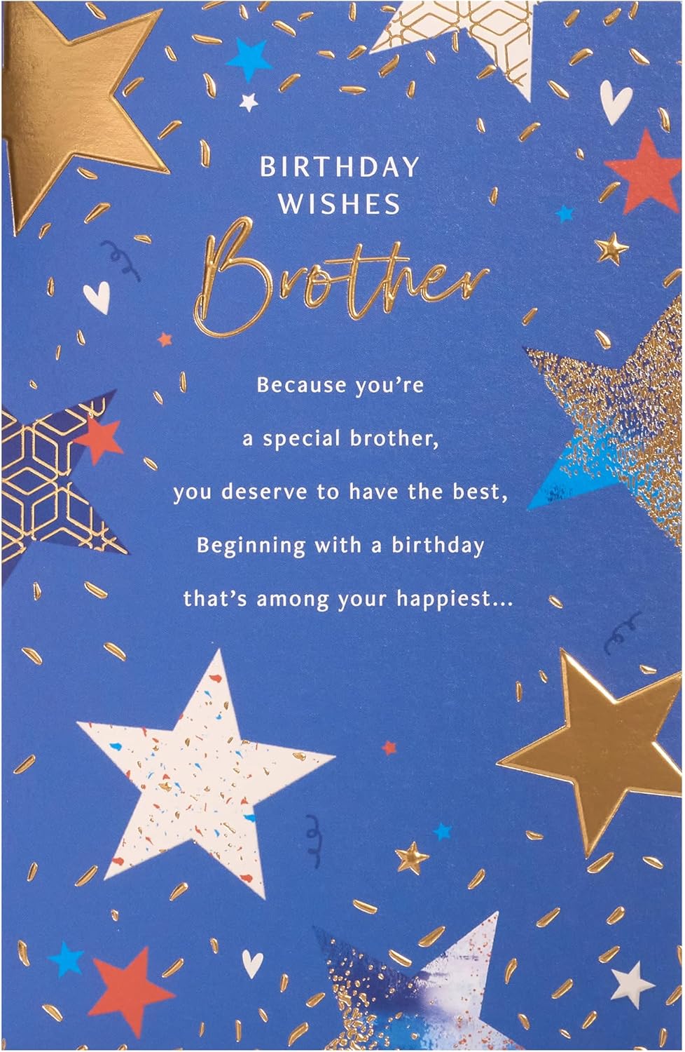 UK Greetings birthday greeting card for brother featuring colorful design and "Happy Birthday" message on the front.