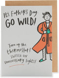UK Greetings Father's Day greeting card featuring a playful design with the message "Go Wild Turn Up the Thermostat" for dads.