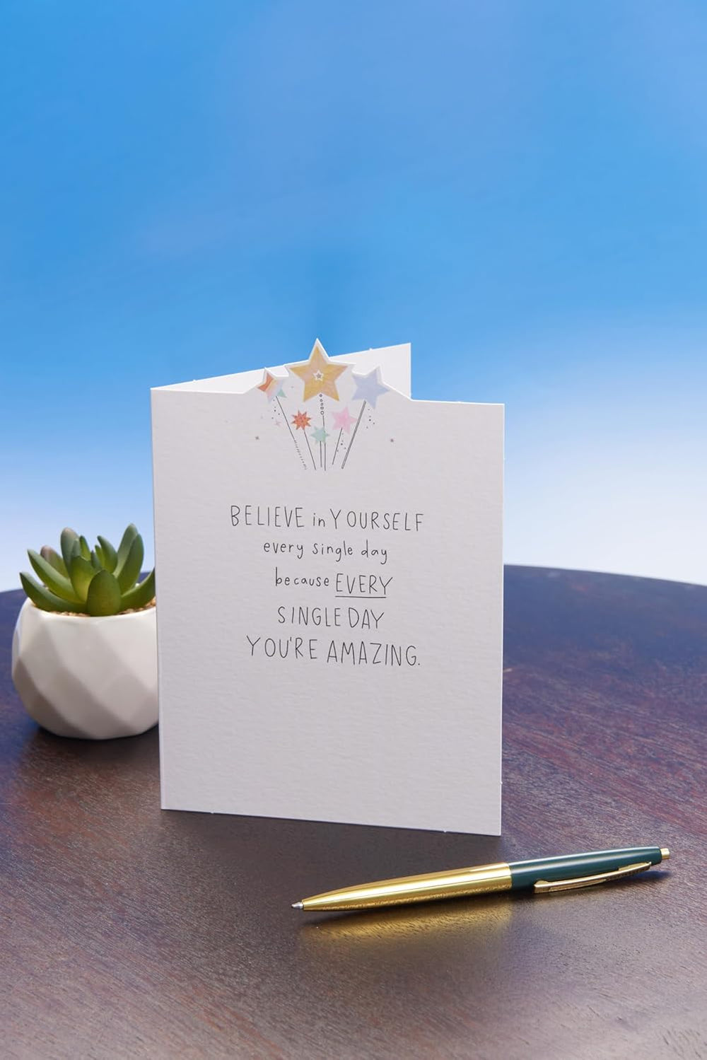 UK Greetings Open Friend Little Voice greeting card showing colorful design and heartfelt message inside.
