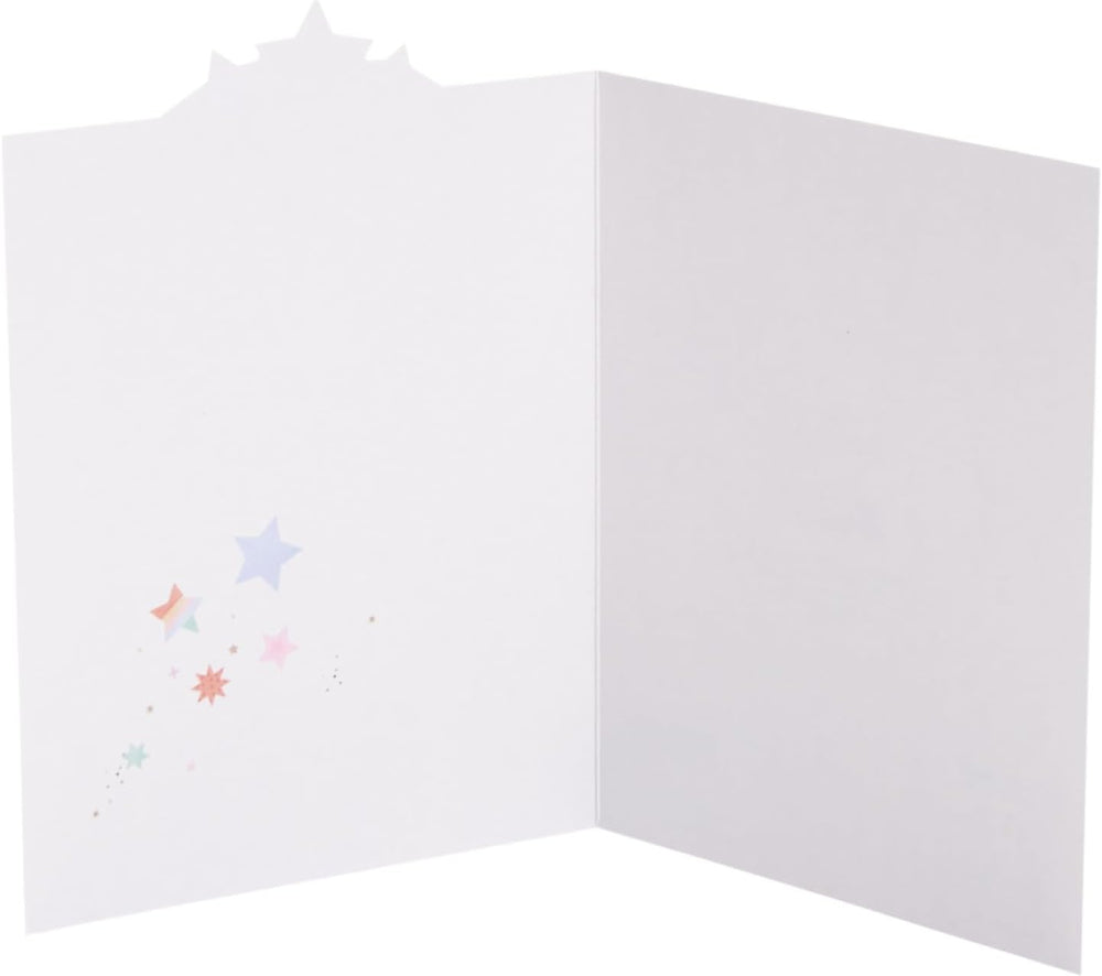 UK Greetings Open Friend Little Voice greeting card showing colorful design and cheerful message inside.