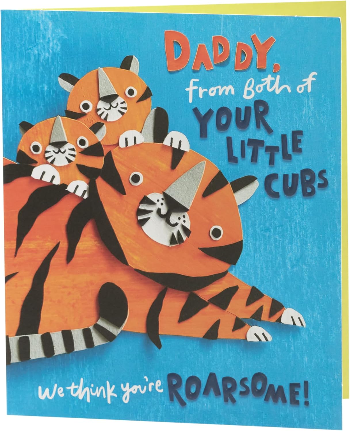 UK Greetings Roarsome Father's Day greeting card featuring playful dinosaur design for dad from little cubs, with colorful illustrations.