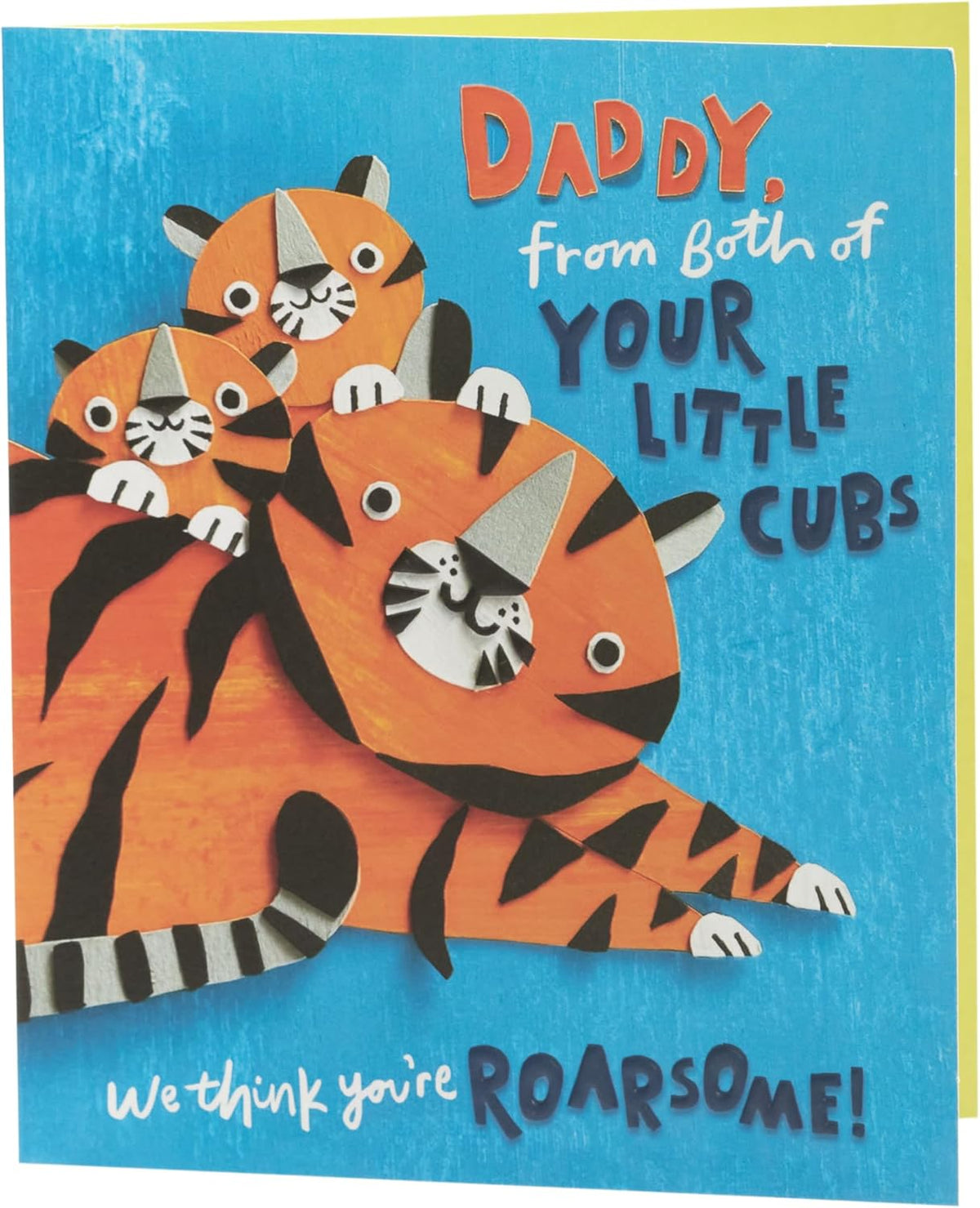 UK Greetings Roarsome Father's Day greeting card featuring playful dinosaur design for dad from little cubs, with colorful illustrations.